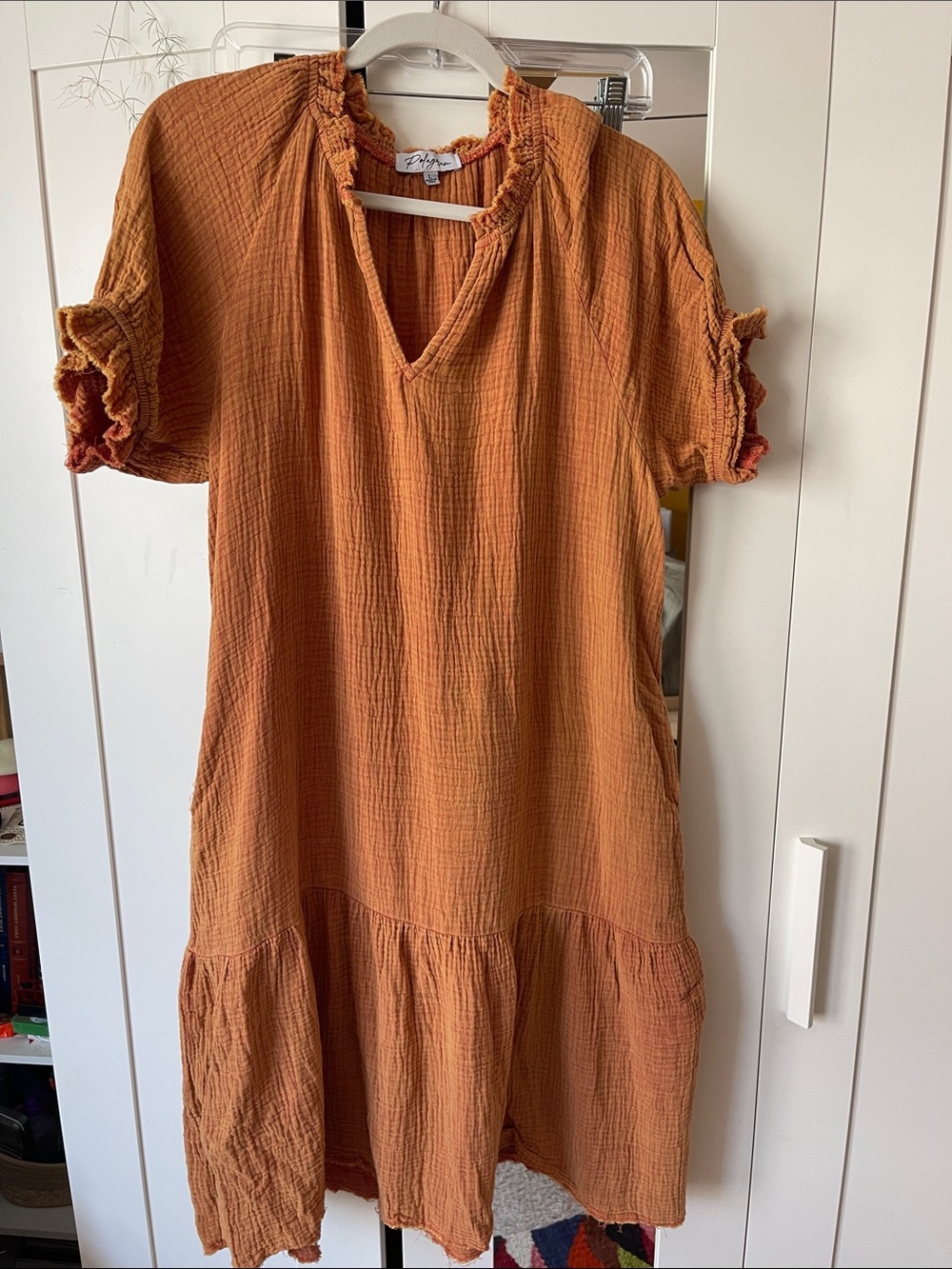 Polagram Rust Orange Gauze Tiered Midi Dress
